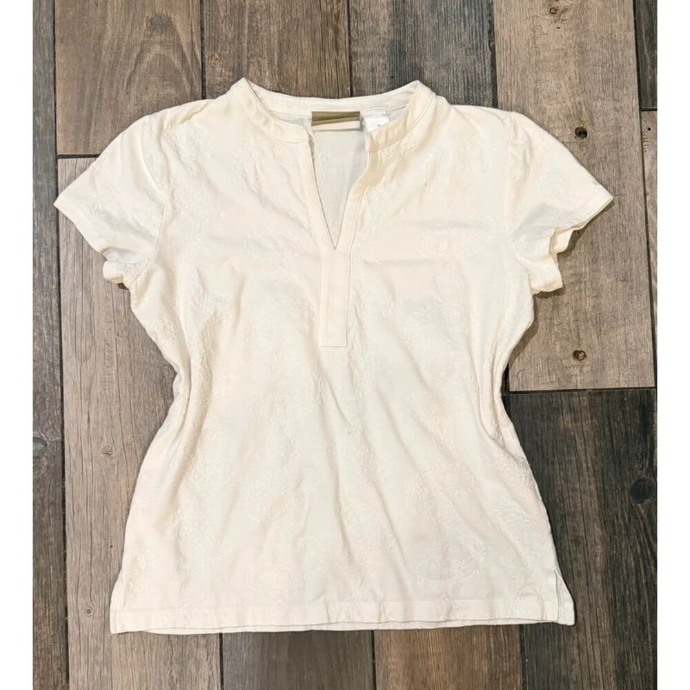 Vintage Y2k Liz Claiborne White Blouse with Stitched Paisley Design